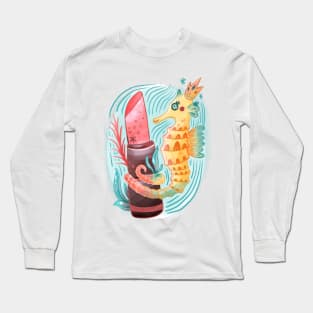 Seahorse King with Pink Lipstick Watercolor Long Sleeve T-Shirt